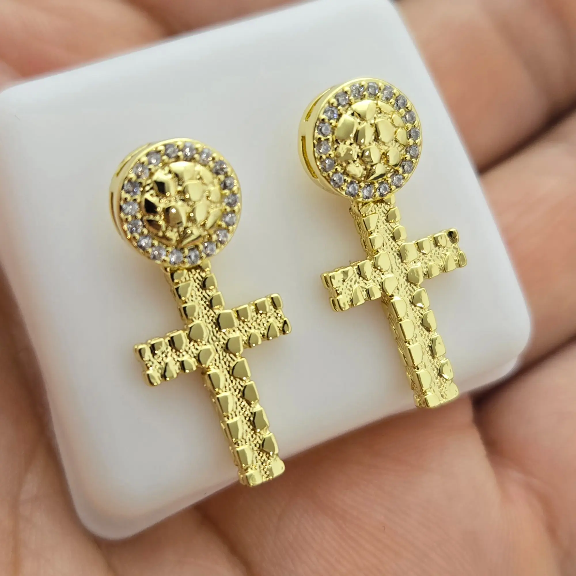 MaxBling81 Unisex Hip Hop Gold-Plated Brass Magnet Stud Earrings, 25mm x 10mm Round Golden Nugget Cross with AAA+ Zircon Accent, Fashion Daily Jewelry for Women, Magnet Earrings
