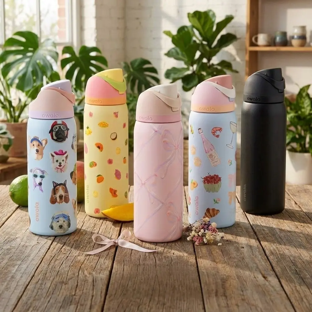 Special Edition Owala FreeSip Insulated Stainless Steel Water Bottle with Straw for Sports and Travel, BPA-Free Sports Water Bottle, 32 oz, Dog Collage, Sugar Plum Fairy, Black