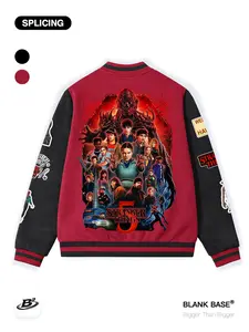Stranger Things Graphic Print Baseball Jacket, Long Sleeve Casual Loose-Fitting Breathable Outerwear, Unisex Sports Coat, Trendy Streetwear