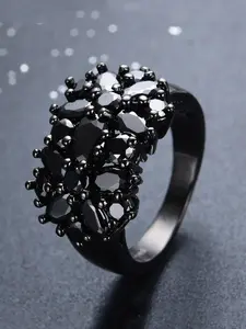 Black Artificial Crystal Ring Flower Design, Fashion Accessories Elegant Stackable Rings for Women & Men, Trendy All-match & Exquisite Jewelry for Birthday Gift Engagement Ring, Unique Rings, Statement Rings