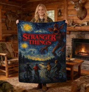 "Stranger Things Van Gogh Starry Night Flannel Blanket – A Unique Christmas Gift for Series Enthusiasts, Showcasing Demogorgon & Biking Kids in Artistic Style, Ideal for Gifting to Bring Nostalgic Sci-Fi Coziness This Holiday"