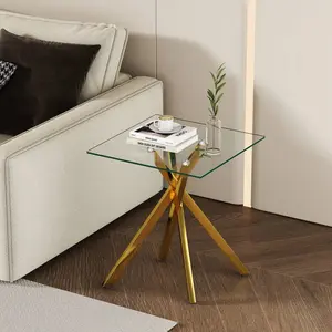 17.72" Square Clear Tempered Glass End Table,Stylish Design With Golden Metal Legs, Side Table For Living Room, 1 Piece