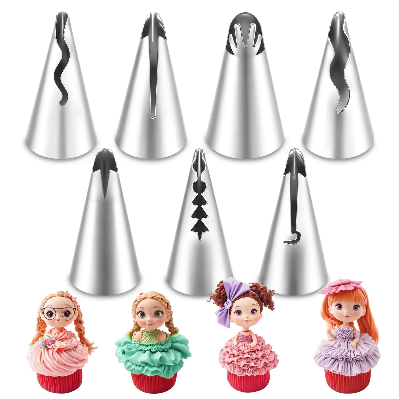 Thinp 7 Pcs Beginner Piping Tips Set - Stainless Steel Cake Decorating Tube Set with Pleated Skirt and Ruffle Piping Nozzles Pastry Decorating Tools Cake Decoration Supplies Baking Accessories