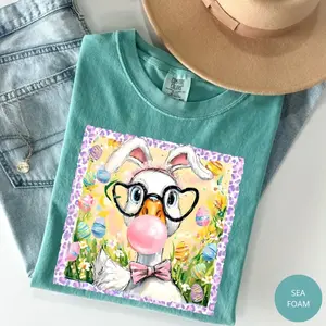 Comfort Colors Preppy Easter Goose T-Shirt, Heart Glasses Easter Tee, Floral Trendy T-Shirt, Coquette Bunny Goose TShirt, Pink Bubblegum Goose Tee