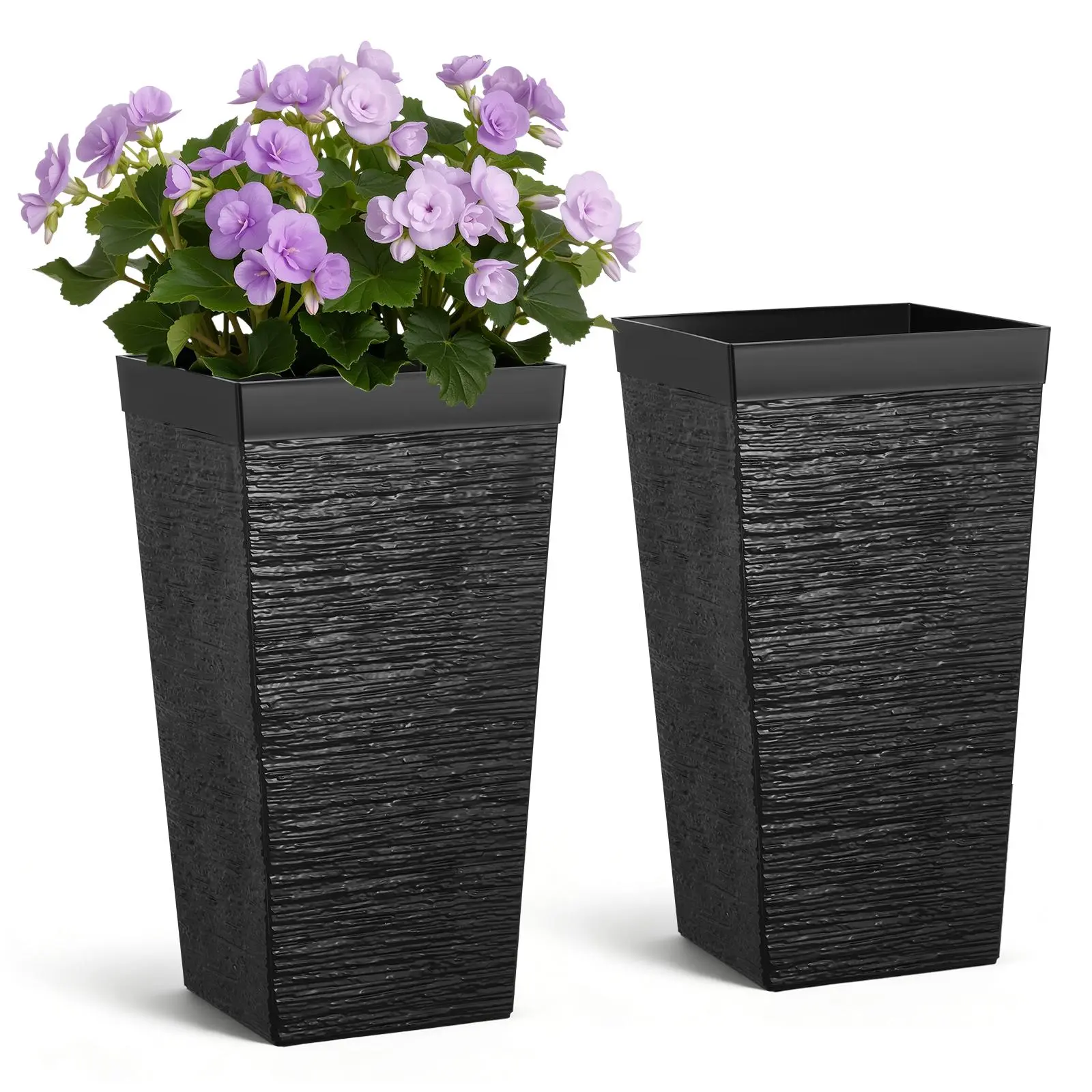 【SummerFinds】VEVOR Tall Planters Set of 2, 23 Inch Large Outdoor Taper Planters for Outdoor Indoor Plants, Front Porch Plastic Modern Flower Pots with Casters, Inner Pot & Drainage Holes for Patio, Garden, Black