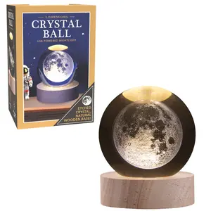 3D Crystal Ball Night Light with Wooden Base - USB-Powered Laser-Engraved Moon & Solar System Lamp, Couple Gifts for Home Bedroom Desk Decor