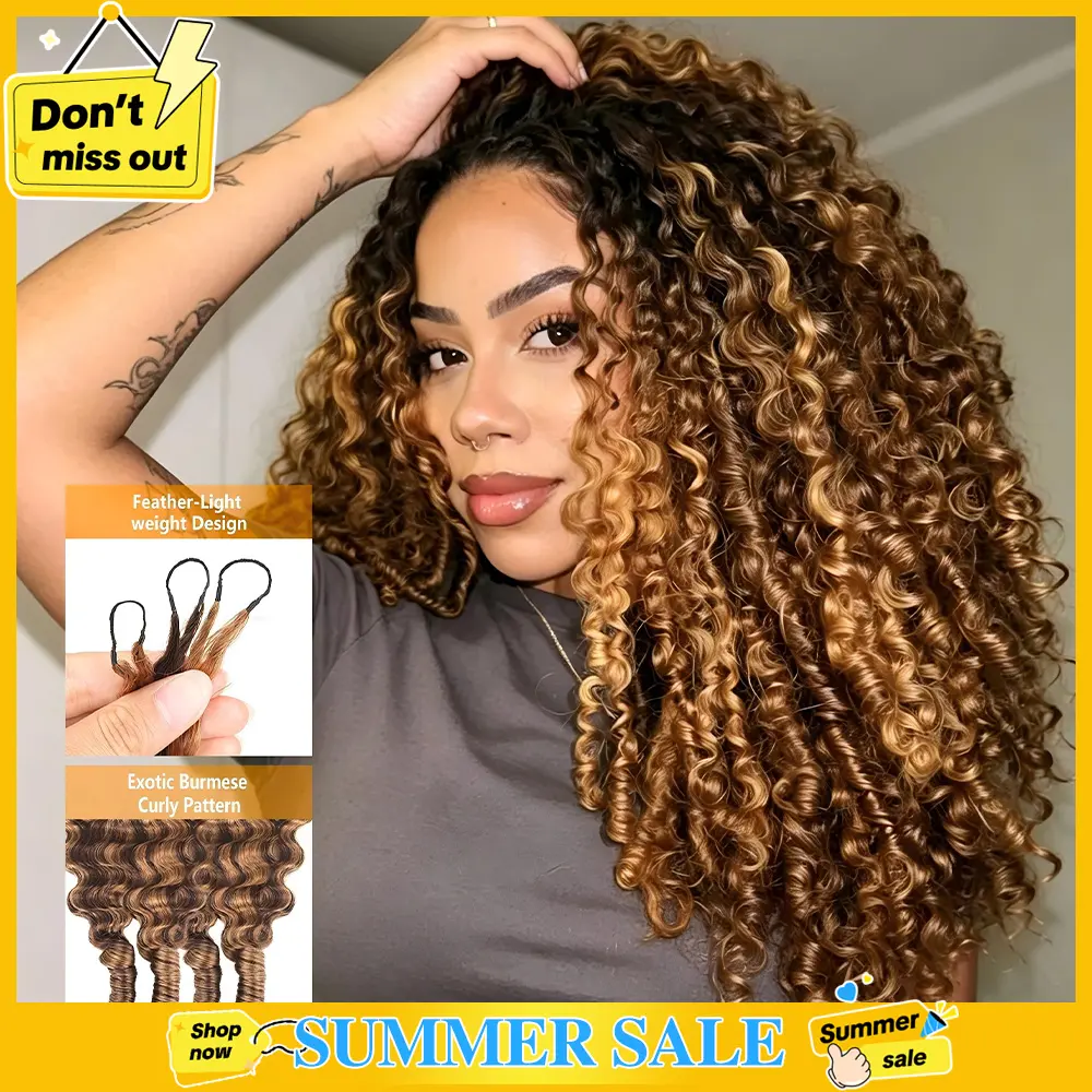 [CROCHET HAIR] STERLY Highlight 4/27 Burmese Curly Crochet Human Hair With Miracle Knots for Easy Install T1B/30 Ombre Crochet Human Hair for Boho Braids #4 & #30 Machine Made Hair Extensions Friendly Plush Texture Time-Saving Wear #tiktokshopsummersale
