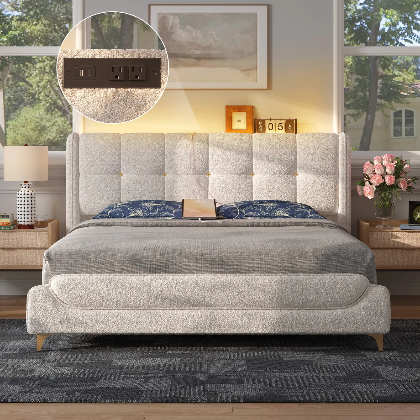 【2 Packages Shipping】Novilla Full/Queen/King Size Wingback Platform Bed, Cream Lamb Wool Upholstery, French Luxury Design with LED Lights & Charging Station, No Box Spring, Easy Assembly