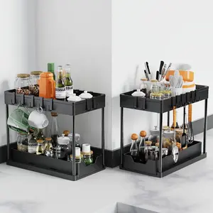 Multi-Purpose Under Sink Organizer, 2-Tier Sliding Kitchen Cabinet Basket, Hooks, Hanging Cup, Dividers, Ergonomic Handles, Home Kitchen Storage