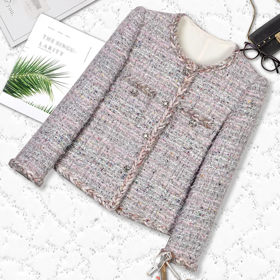 DUSHE Women's Elegant Fitted Tweed Coat, Casual Button Front Outerwear with Long Sleeves and Crew Neck, Dusty Pink, Full Sleeves, Fitted Cut, Solid Plain, Longsleeves, Clothes