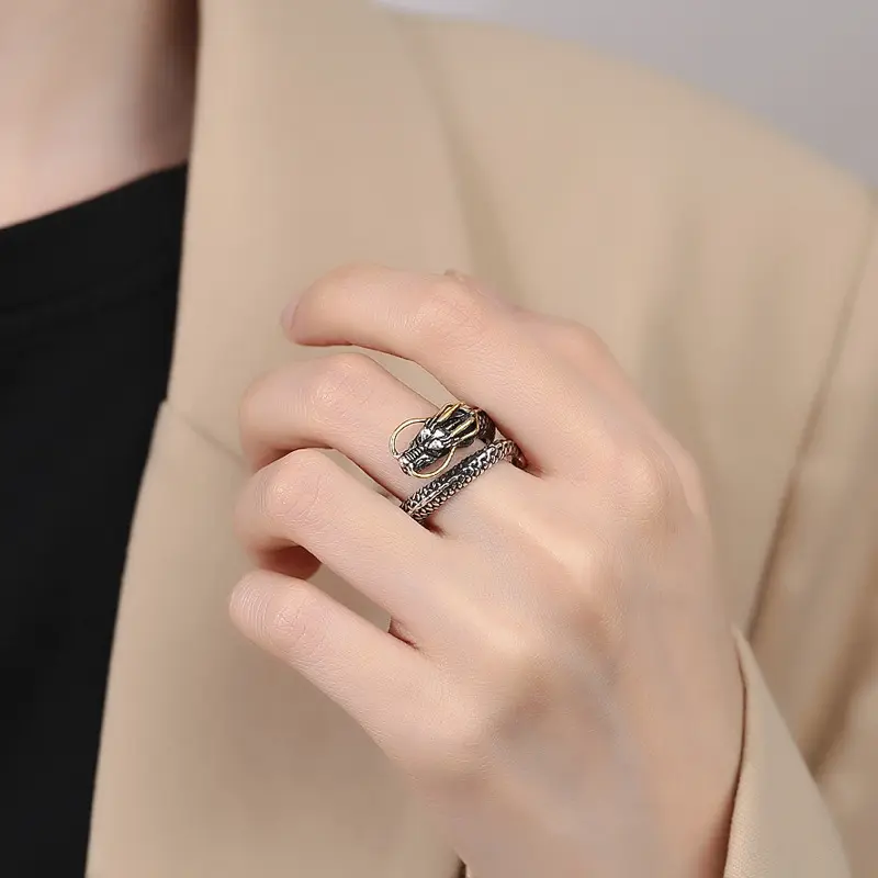 Personalized Retro Bold Dragon Ring for Men, Korean Style Trendy Thai Silver Zodiac Open Ring