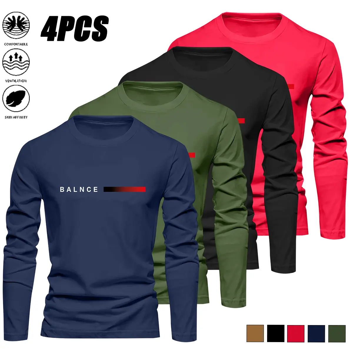 Men's 4-Pack Long-Sleeve T-Shirts - Spring/Autumn Stretch Solid Color Lightweight Base Layer Tops, Classic Design, Simple Elegant, Suitable for Daily Wear & Casual Sports, Men's Casual Apparel, Men's T Shirts