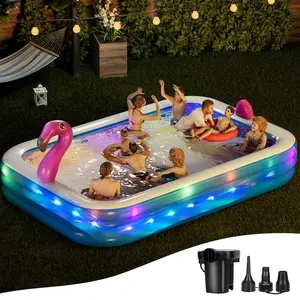 AECOJOY Dragon Inflatable Swimming Pool with Lights, Oversized 119"x86"x21" Family Pool for Kids & Adults, Flamingo & Swan Pattern Blow Up Pool with Electric Pump for Backyard, Garden & Patio ：