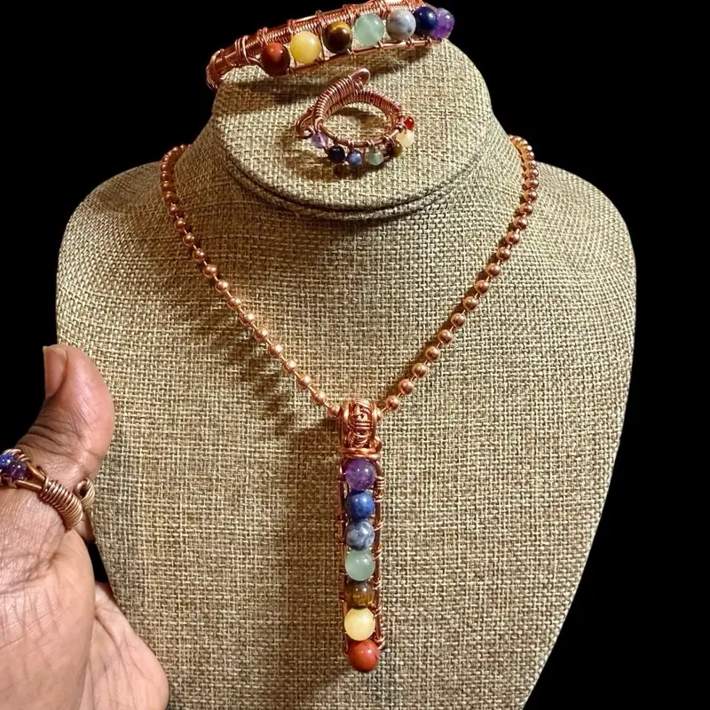 Juma CopperKing Chakra Beaded Copper Wire Wrapped 3 Piece Set with a 24" Chain Featuring Colorful Beads and Natural Stones