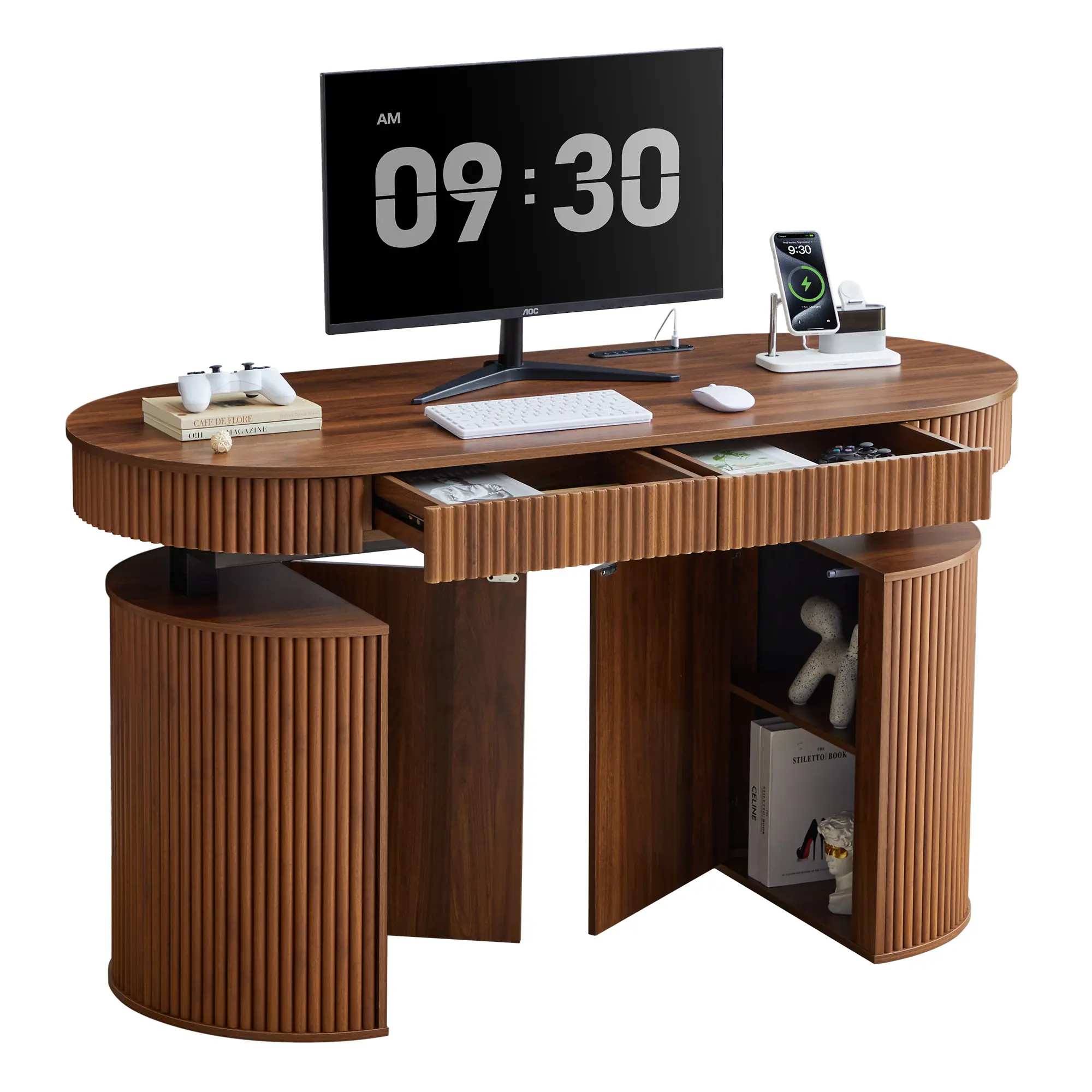 Giratree electric standing desk with storage, adjustable-height wooden office desk with USB and Type‑C charging ports, fluted workstation for home office and bedroom