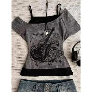 Women’s retro gothic punk printed short-sleeved camisole, soft streetwear top with a guitar design, suitable for all seasons as casual wear GARMENTARY