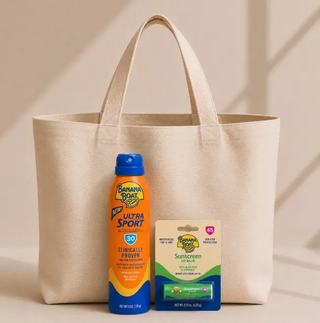 emegestyle 3-Piece Sun Protection Set with Banana Boat Sunscreen Spray (SPF 30, 6 oz) & Lip Balm (SPF 45), Includes Lightweight Tote Bag, Fragrance, Mineral Oil, Portable, Reusable, Panthenol, Spacious, Body Care, Organized