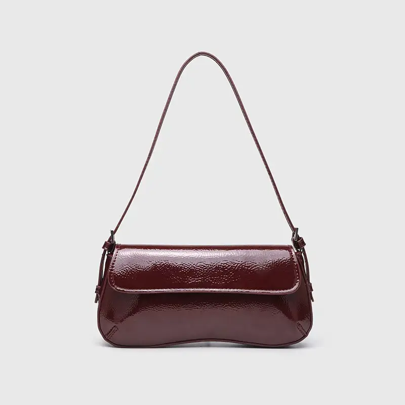 Burgundy Patent Leather Baguette Bag |  Glossy Shoulder Bag  Women Vintage Underarm Clutch | Adjustable Strap | Magnetic Closure
