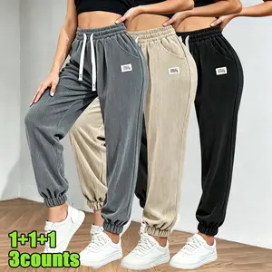 Women's Soft Solid Color Corduroy Casual Pants, Elastic Waist with Adjustable Drawstring, Cuffed Ankle Hem, Comfortable Daily Trousers for Spring, Fall, Office and Casual Wear