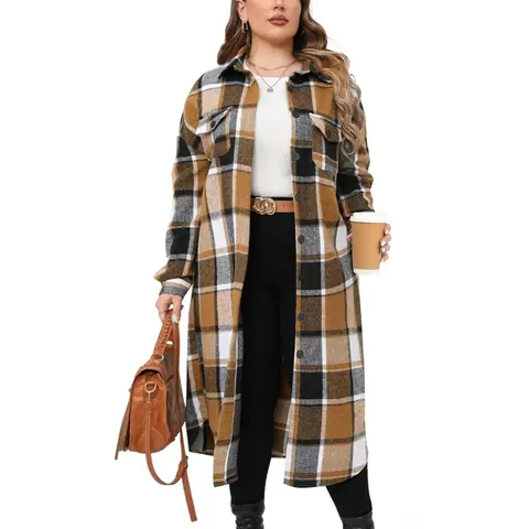 Women's Plus Size Fashion Plaid Flannel Long-Sleeve Lapel Boyfriend Button-Down Coat - Thin Lightweight Oversized Loose Polyester Retro Suit for Casual Work & Lounge Wear,back to school,back to school shopping,sohochic