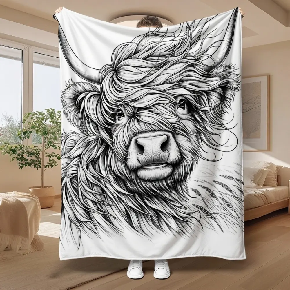 Colorable Highland Cow Fleece Throw Blanket - Buttery Soft Flannel, Retro Design, Bed Warmer, Colorful Animal, Country Cozy Blanket, Ideal for Family Gifting, Sofa Naps, Bed Warmer Blankets, Buttery Soft Blankets