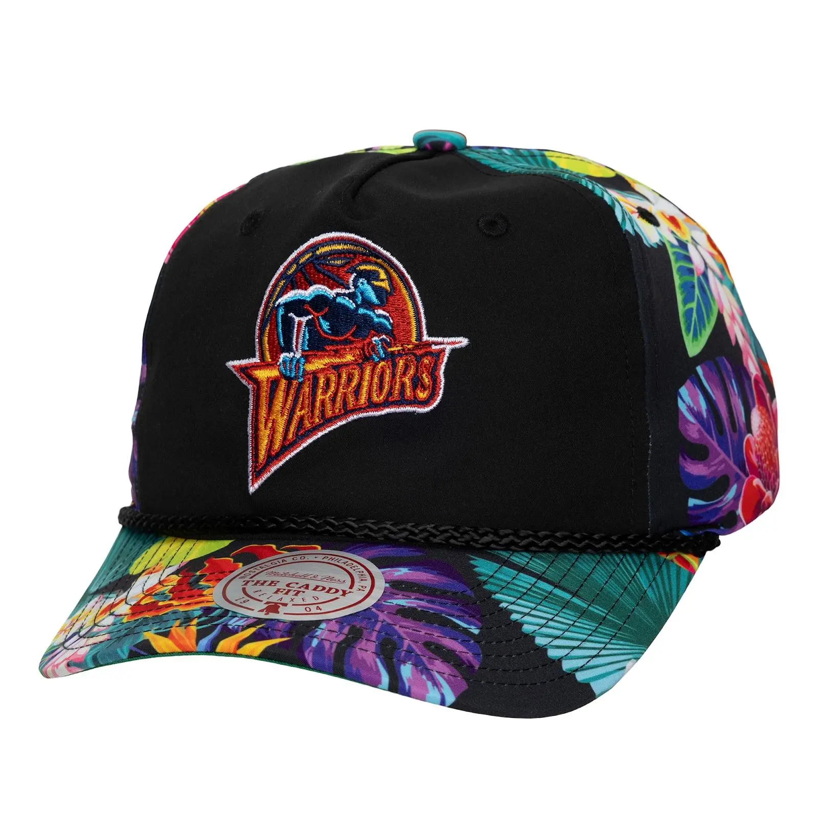 Golden State Warriors Black Hardwood Classics Pro Floral Caddy Adjustable Hat NBA Throwback Cap Fan Gear Mitchell & Ness