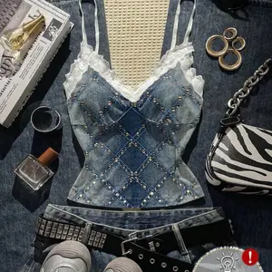 Lace Top with Rhinestones and Denim Material for Women's Fashion