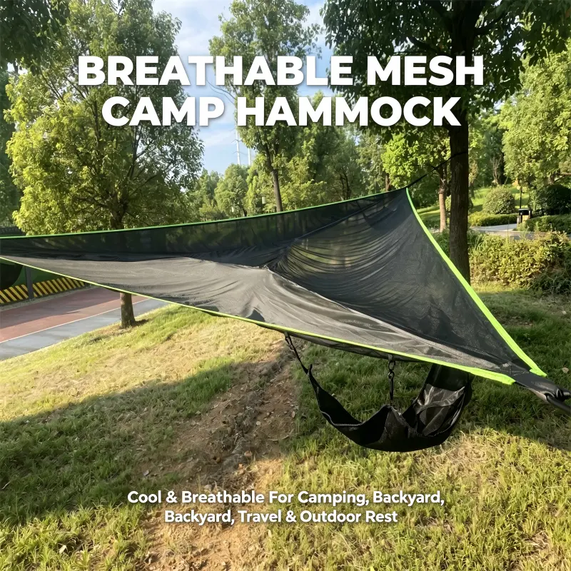 Lightweight Full Mesh Cool Camping Hammock, Reinforced Double Stitch Seams High Load Bearing Hammock, with 3 Carbon Steel Carabiners & Adjustable Tree Straps, Quick Storage Outdoor Rest Hammock