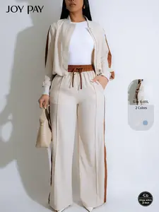 JOY PAY Color Block Women's Tracksuit Set 2 Piece Outfit with Loose Jacket & High Waist Wide Leg Pants Casual Sportswear for Spring Fall Trendy Comfortable