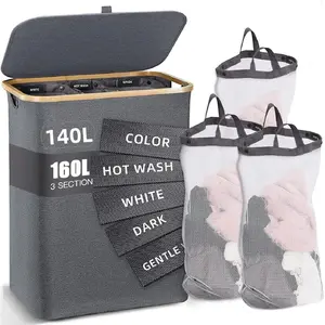 160L Heavy-Duty 3-Section Laundry Hamper, Lid & Sturdy Handles for Laundry Room Organization