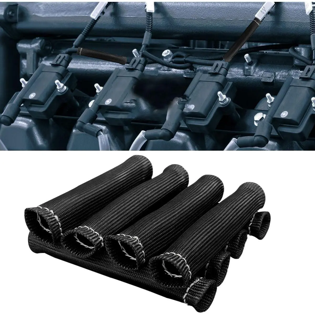 8PCS Spark Plug Wire Heat Shield Sleeve, 1500 °   Spark Plug Wire Cover Wrap for SBC BBC 350 454, 6 Inch Spark Plug Boot Protector Sleeve, Universal Sleeve Cover Replacement for Most Cars (Black)