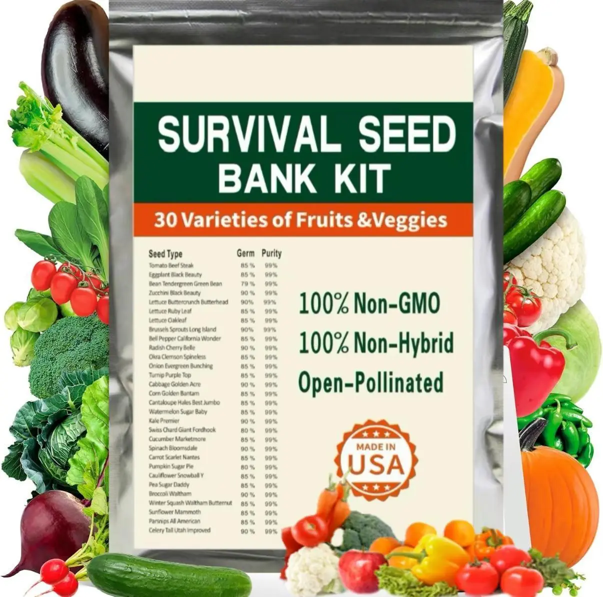 30,000 Heirloom Vegetable Seeds by Open Seed Vault – 30 Varieties, Non-GMO Survival Garden Pack, Long-Term Emergency Food Storage & Self-Sufficiency Kit