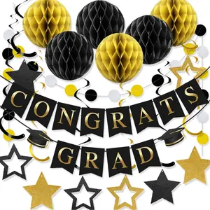 Graduation Decorations 2026 - 17Pcs Black and Gold Graduation Party Supplies Set, Party Event Props, Congrats Grad Banner, Honeycomb Balls, Grad Hanging Swirls, Star Garlands - Class of 2026 Decor for College, High School