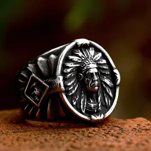 GTHIC Indian Chief Feather Ring for Men Stainless Steel Jewelry Father's Day Gifts