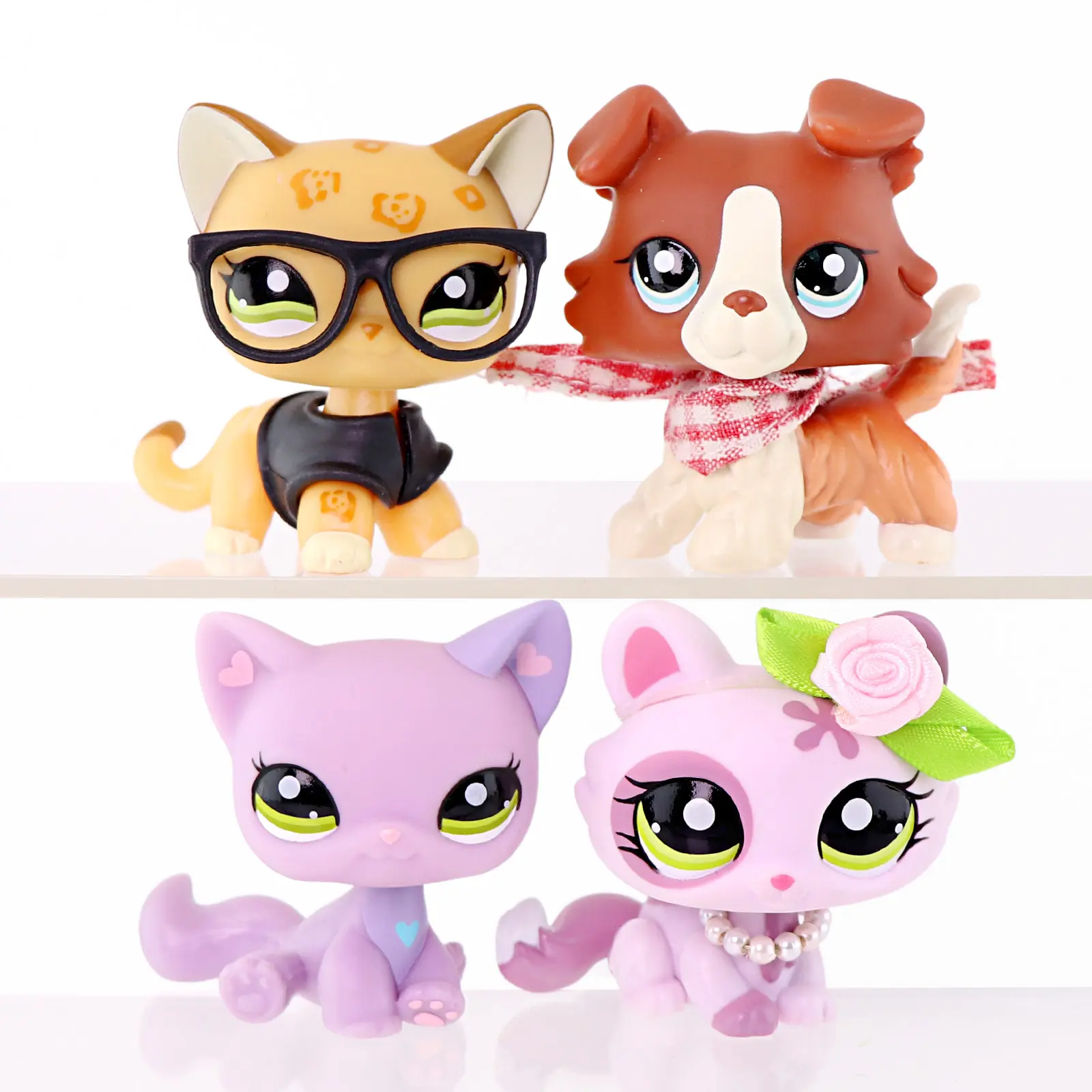 4 Pcs Mini Cat & Dog Animal Figurines Set, Cute Pet Toy Figures with Glasses, Clothes, Plaid Scarf & Flower Necklace Accessories, Collectible Small Pet Toys, Pretend Play Dress‑up Gift for Kids Boys Girls