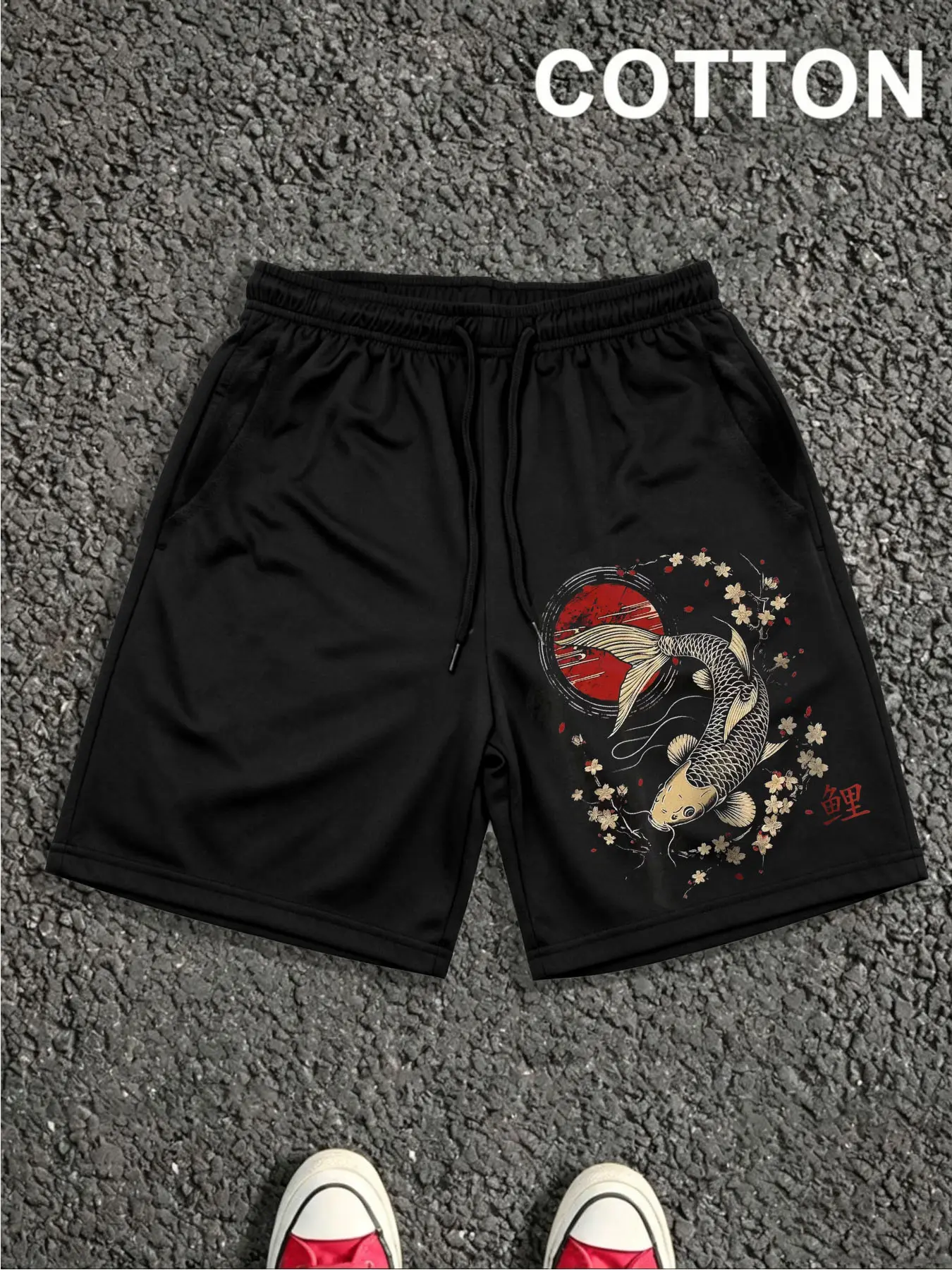 1 PCS Black Mesh Shorts, Japanese Ukiyo-E Cherry Blossom Red Sun Koi Carp Fish Oriental Graphic Print, Vintage Asian Tattoo Streetwear Bottoms, Breathable Unisex Shorts For Oriental Art Fans Summer Daily Skate Outfit