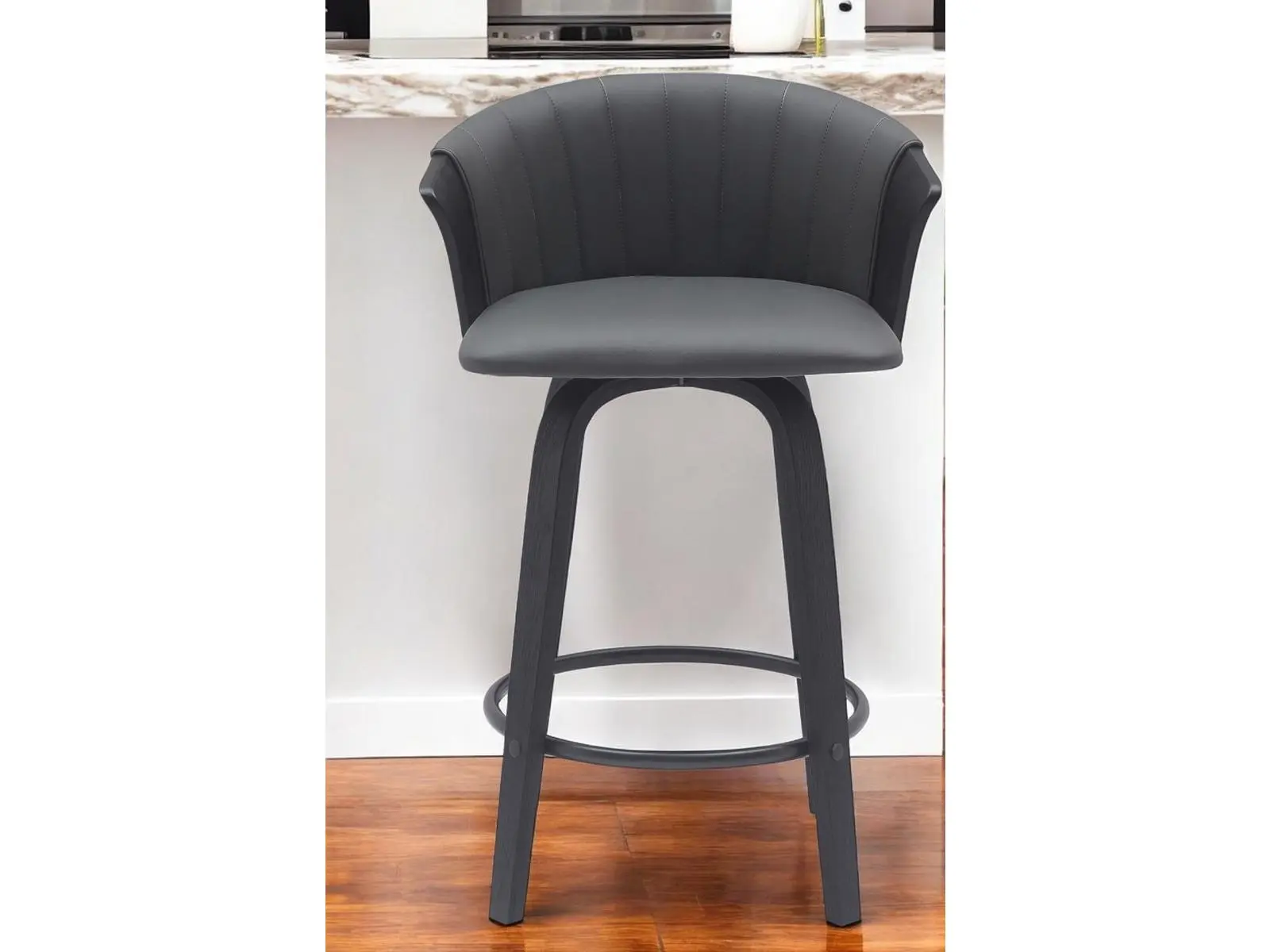 212 MAIN 26 in. Gray & Black Faux Leather Modern Counter Height Swivel Barrel Chair - Counter Stool with Bucket Seat, Attached Arms, and Rotating Base