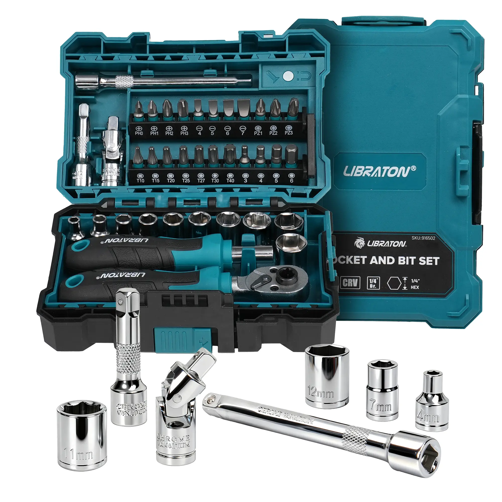 LIBRATON 1/4" Drive Chrome CR-V Mini Socket & Ratchet Wrench Set (1 Set) with 4-13mm Shallow Sockets, Bits, Magnetic Driver Handle, Extension Bars, Universal Joint & Storage Case for DIY Projects, Auto Repair