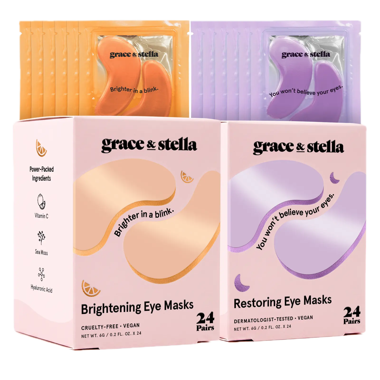 AM + PM Bundle | Brightening & Restoring - 24 x 2 Under Eye Mask Sets | Skincare Routine for Dark Circles, Puffy Eyes, Wrinkles Hydrating, Firming, Morning and Night Bundle Set by grace & stella