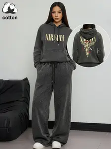 Cotton, "NIRVANA" (Nirvana band) pattern print, women's vintage distressed hooded sweatshirt and trousers two-piece set, loose casual long-sleeved hoodie and elastic trousers, spring and autumn daily wear, suit Outfit Pants