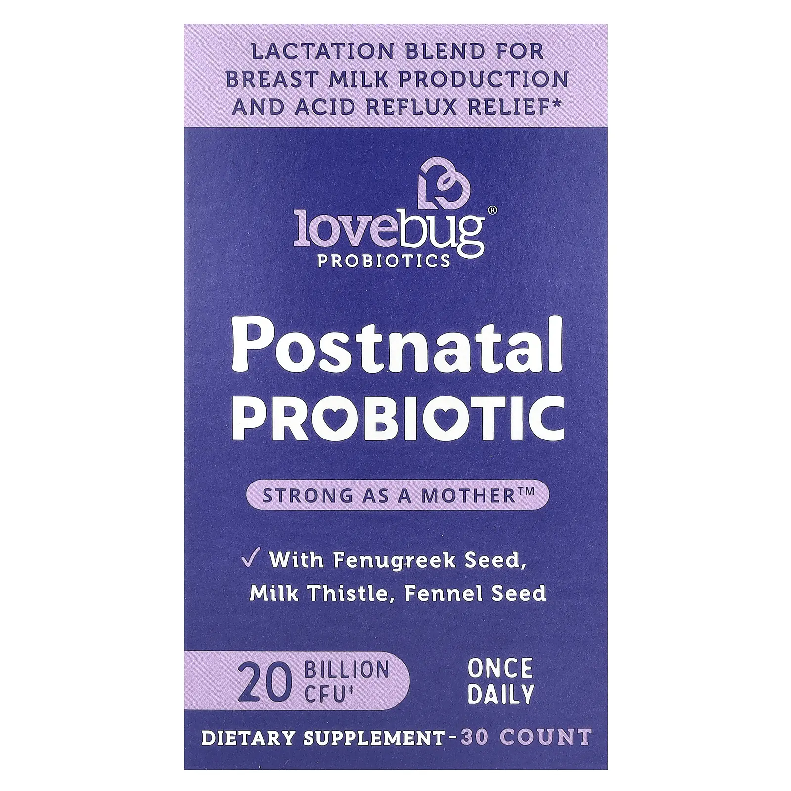 LoveBug Probiotics Postnatal Probiotic, 20 Billion CFU, 30 Capsules