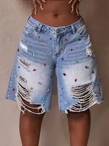 American High Street Streetwear Womenswear Bottom Colorful Hand-Stitched Rhinestone Loose Fit Big Hole Denim Light Wash Five-Quarter Pants, Stylish and Comfortable Jeans Shorts