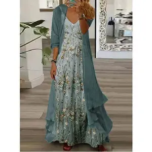 Womens's Casual 2 Piece Set Boho Floral Print Maxi Dress with Cardigan Flowy Chiffon Wedding Guest Dresses for Women Summer Peplum floaty dress elegant fashion