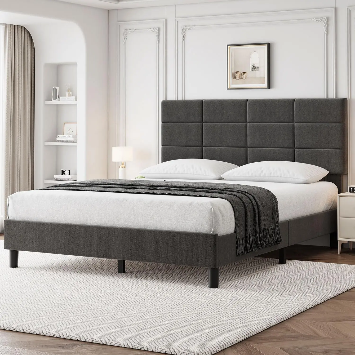 【Christmas Gift】Queen Size Bed Frame with Adjustable Headboard Linen Upholstered Queen Platform Bed Frame with Wooden Slats Support Mattress Foundation and No Box Spring Needed Grey