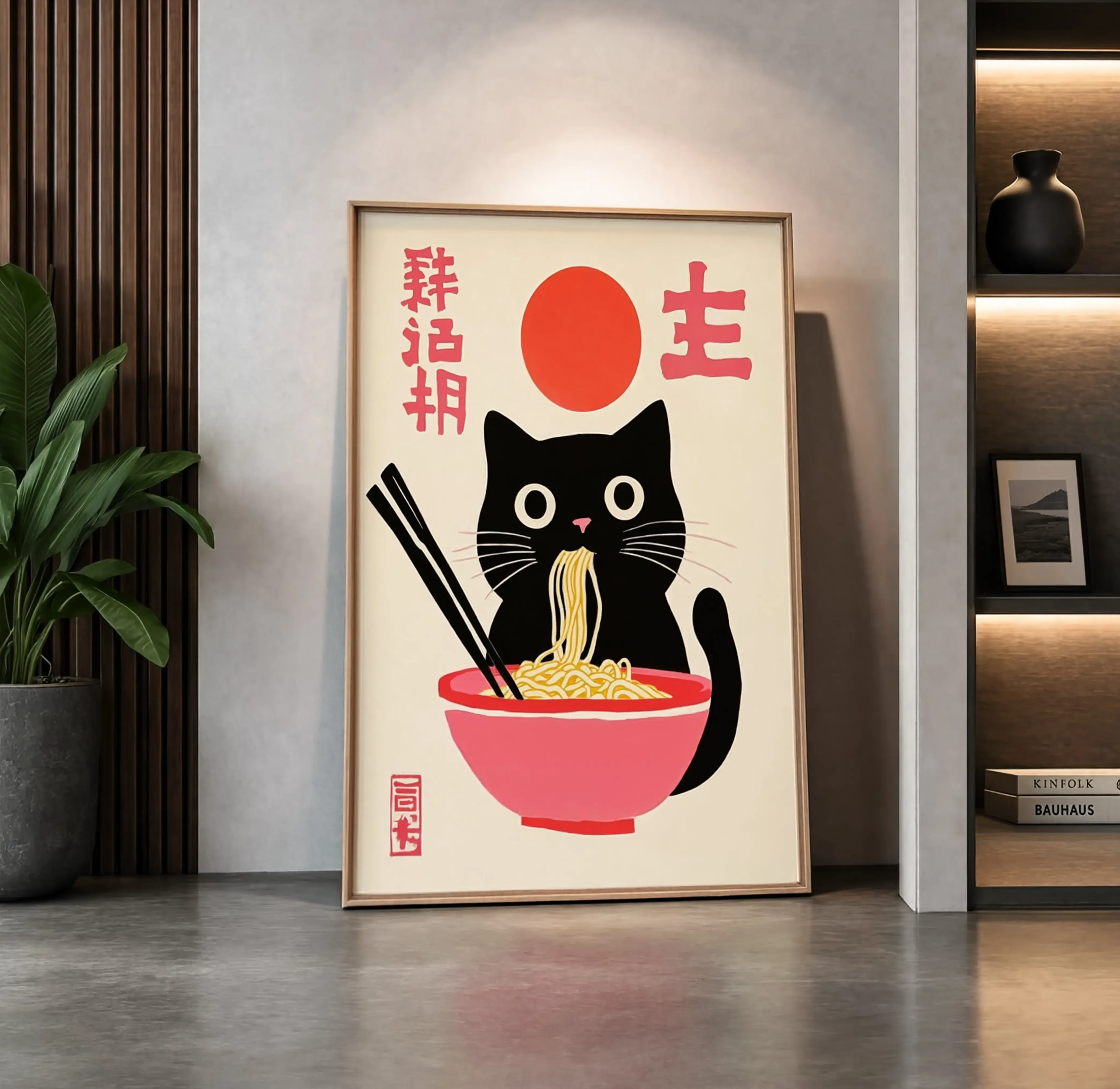 Cute Black Cat Ramen Poster Kawaii Kitchen Wall Art Cat Lover Gift Print