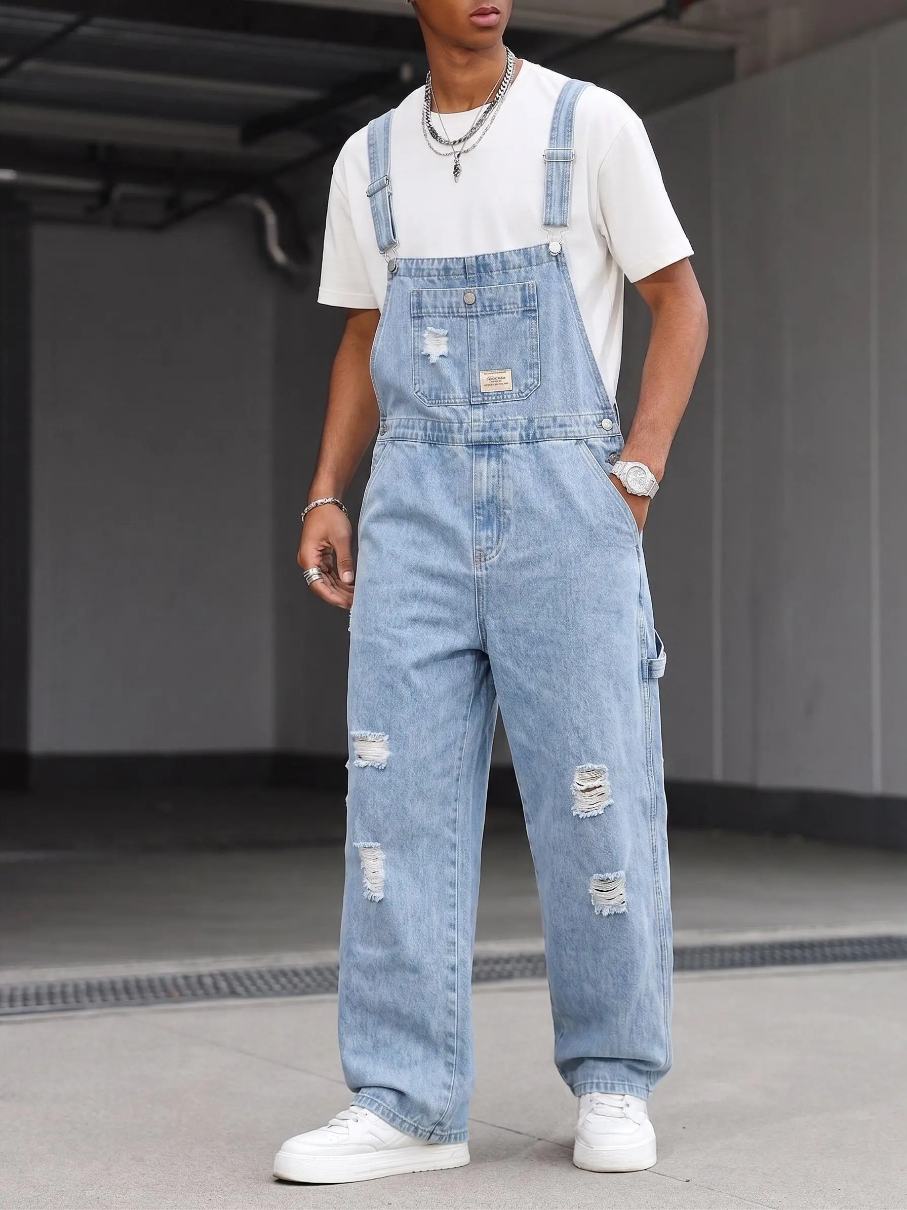 Men's Distressed Denim Overalls,Light Wash Ripped Wide Leg Dungarees,Y2K Grunge Skater Bib Overalls,Summer Casual Light Blue Trousers Jumpsuit,American overalls men,Clean Fit Workwear Trousers