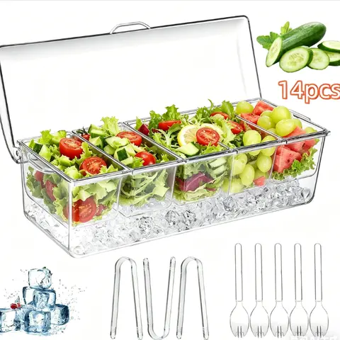 14-Pc Chilled Condiment Server Caddy with Dustproof Lid - High Quality Material Portable Kitchen Preserving Storage Containers, 5 Removable Compartments, Utensils Fork & Tong Set, Easy to Clean for Bar Serving