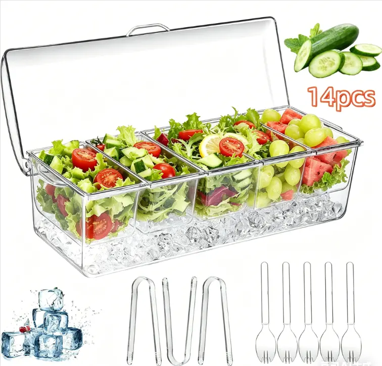 14-Pc Chilled Condiment Server Caddy with Dustproof Lid - High Quality Material Portable Kitchen Preserving Storage Containers, 5 Removable Compartments, Utensils Fork & Tong Set, Easy to Clean for Bar Serving