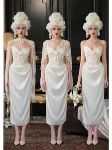 "Enchanted" Corset Dress - 100% Polyester & Nylon, Pearl Matte Fabric, 3D Camellia Brooch, Detachable Lace Shoulder Wrap, Satin Layered Upper Body, Elegant & Romantic for Special Occasions Formal Wear Womenswear graduation dress