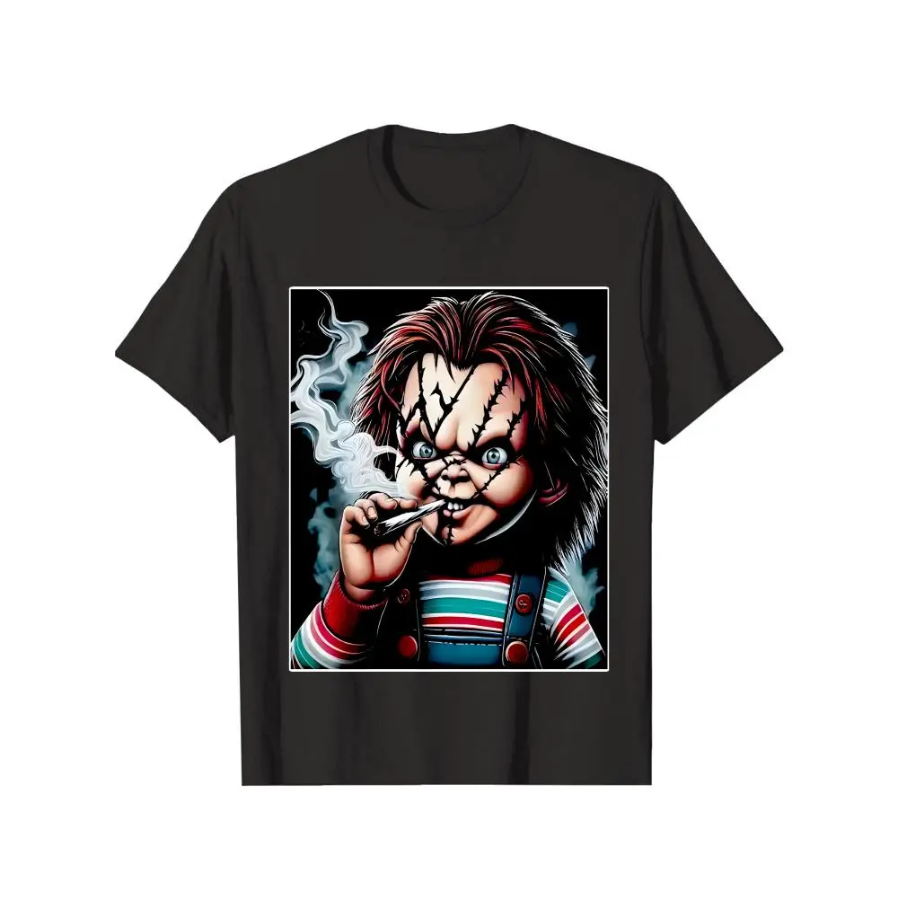 Black T Shirt Chucky Doll Smoking Graphic Print Horror Movie Character Design For Casual Wear Party Costume Halloween graphic  tee